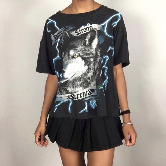 Vintage American Thunder Wolf Only the Strong Survive T Shirt Distressed AOP Tee - Picture 2 of 16